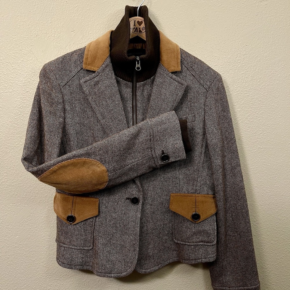 BCBG Max Azaria Wool Jacket Blazer Elbow Patches Zipper Equestrian Academia Sz L